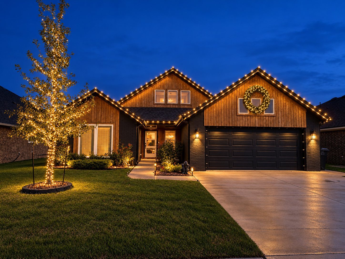 Home in Tulsa with warm white C9 lights along the roofline, trees wrapped, wreath on the gable