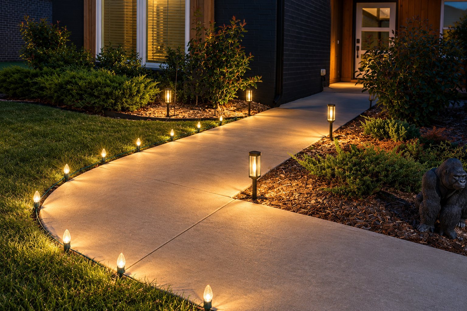 Stake lights lining a curved front walkway and flower bed