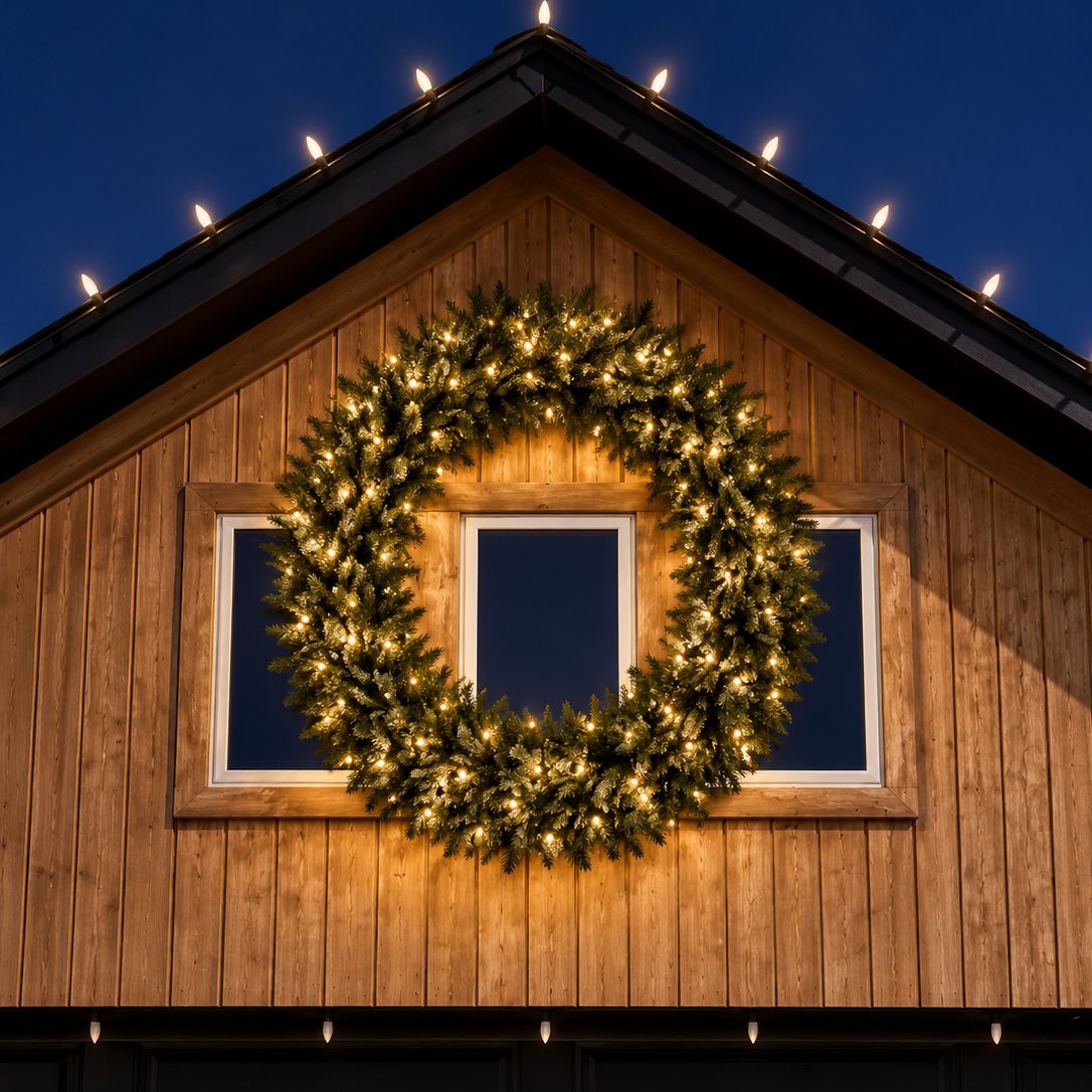 Large lit wreath on a gable with roofline lights above